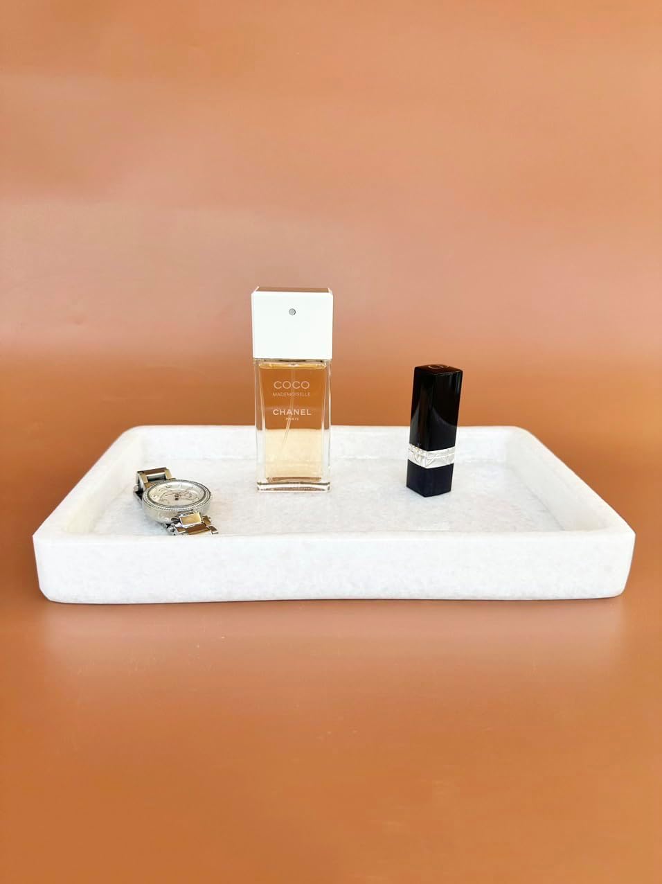 Natural Rectangle Marble Tray, Coffee Table Vanity Tray/Decorative Tray for Jewerly, Watch, Perfume Candle Tray for Bedroom/Bathroom/Kitchen Countertop Tray (White Marble)