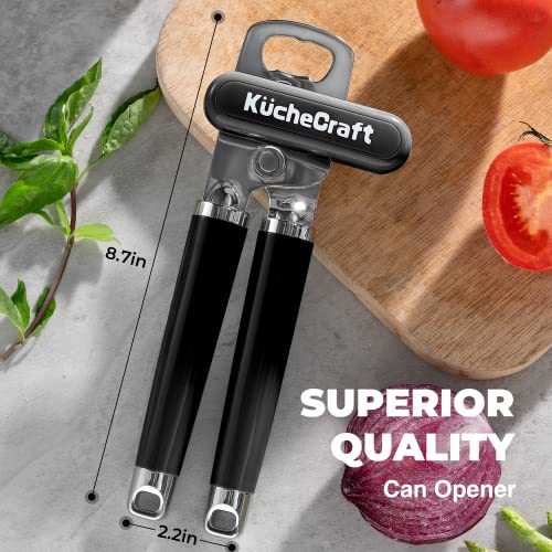 Kuchecraft Can Opener Manual, Heavy Duty Handheld Can Opener With Stainless Steel Sharp Blade, Hand Can Opener With Ergonomic Hand Grip And Larger Turning Knob, Built In Bottle Opener(Black) #TOP3