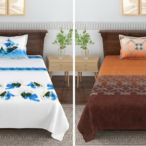 Image of Mafatlal Pure Cotton Single Bedsheet Combo Pack of 2 with Pillow Covers | Soft Breathable Bed Sheets for Summer | Floral Bedding Set | White Blue & Brown