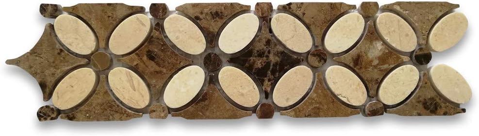 Stone Center Online Crema Marfil Marble Flower Mosaic Border Listello Tile w/Emperador Dark Brown Polished Kitchen Bath Wall Floor Backsplash Shower 1 Sheet