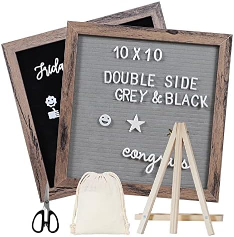 Double Sided Felt Letter Board Letter Board 10x10in Letter Board With Slant Vintage Wood Frame With Letters and Numbers (Double Sided(grey&black))