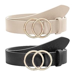 SANSTHS 2 Pack Women Leather Belts Faux Leather Jeans Belt with Double O-Ring Buckle Size up to 58 inch