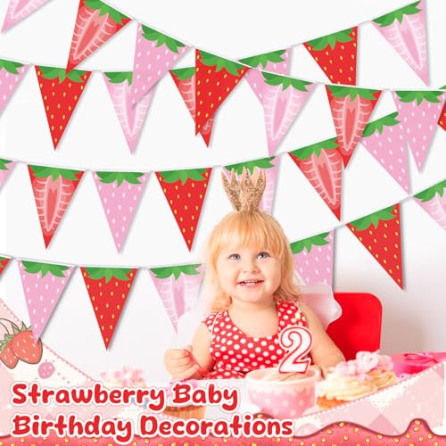 Image of Gersoniel 5 Pcs Strawberry Party Decorations Berry Pennant Banner | Pre-strung Triangle Flags for Red Berry Themed Birthday, Baby Shower, Wedding Party, Classroom Decorations, Paper Bunting