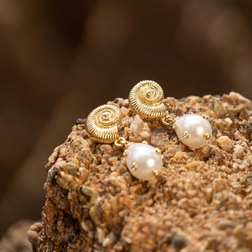 TENTMENTISE Gold Conch Seashell Earrings - Pearl Drop Dangle Earrings for Women 14K Gold Plated, Wedding Anniversary Pearl Jewelry, Summer Beach Dangle Drop Earring, Women Hypoallergenic Jewelry Gift by TENTMENTISE - Used condition - Image 4