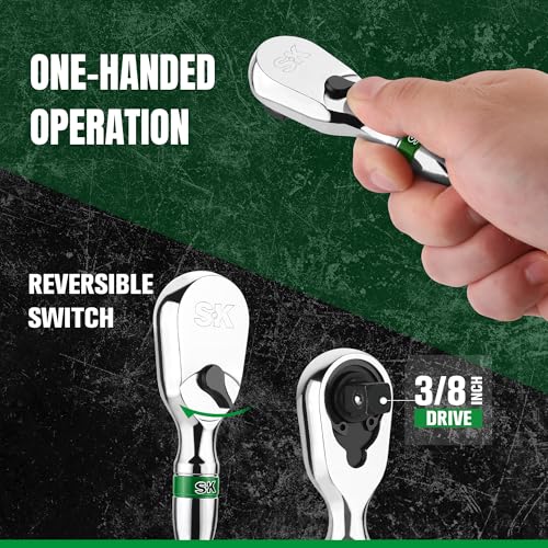 SK 3/8" Drive Stubby Ratchet Handle, Pear Head, 90-Tooth Ratchet, Alloy Steel, with Contoured Handle by SK - Image 5