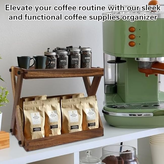 Wood Countertop Shelf Organizer, 2 Tier Wooden Shelf for Coffee Bar Accessories, Kitchen Spice Rack Organizer, Condiment Storage Caddy for Home, Office, Bathroom Counter