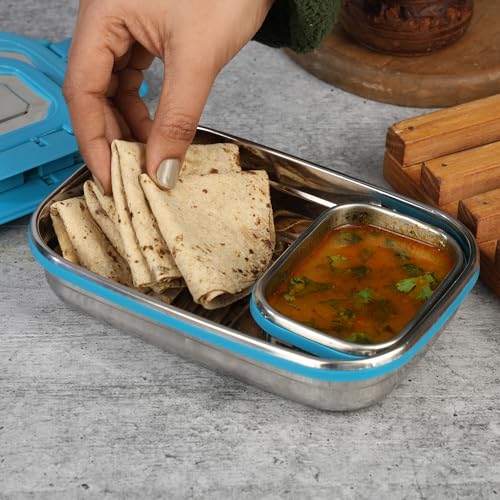 Image of Mumma's LIFE- Stainless Steel Lunch Box with Insulated Lunch Bag, Leak Proof Lunch Box for Office & College (Kiddy Blue, 910ML)