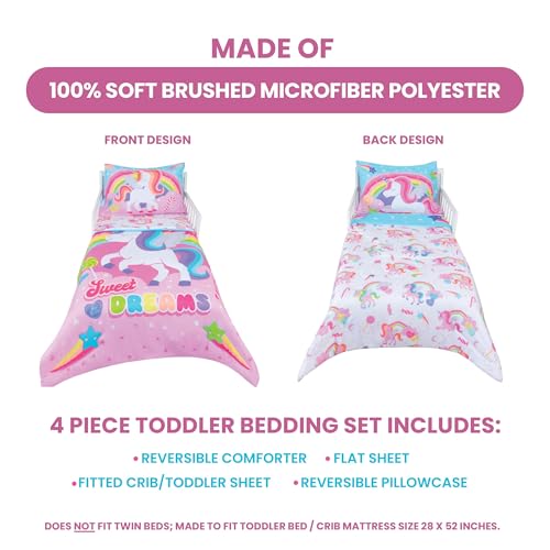 Image of Todays Kids Unicorn Toddler Bedding Set for Girls - 4-Piece Toddler Bed Comforter Sets for Girls, Reversible Comforter & Pillowcase, Flat Sheet, Fitted Sheet, Breathable & Super Soft Microfiber