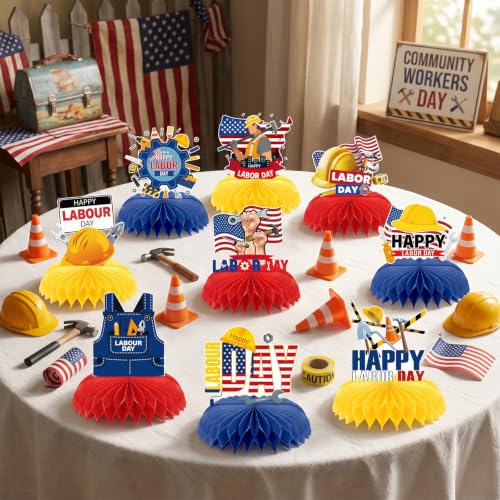 Image of Labor Day Patriotic Decorations - 9 Pcs Happy American Party Set | Paper Honeycomb Centerpieces for Table, USA Red White Blue Supplies Decor Photo Booth Props for Office Home Indoor Outdoor