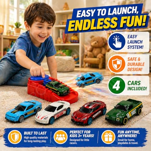 Image of PLUSPOINT Diecast Toy Cars with Catapult Launcher, 4 Pack Alloy Mini Sports Cars Set, Press & Eject Racing Track Toy, Kids Car Toys for Boys & Girls Ages 3+, Gift Playset