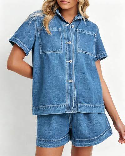 Image of Kedera Summer Denim Set for Women 2 piece Casual Short Sleeve Boxy Shirt Tops and Shorts Pants Lounge Sets Outfits