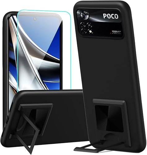 Nijiadi Funda para teléfono Xiaomi Poco X4 Pro con protector de pantalla de vidrio templado silicona suave con soporte funda protectora a prueba de