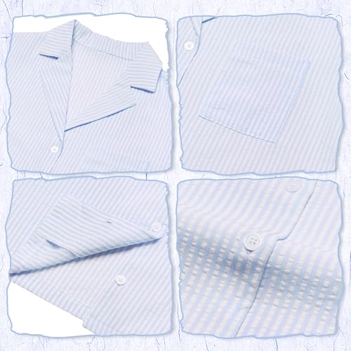 Image of Womens Striped Pajama Set Cute Pjs Sleepwear Short Sleeve Shirt and Shorts Set Blue L