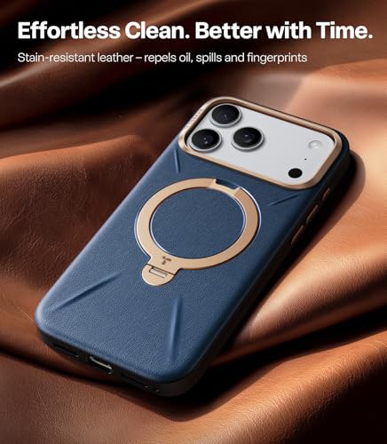 Image of TORRAS Q3 VegSkin for iPhone 17 Pro Max Case Leather, 360 Spin Magnetic Stand, Fit for MagSafe, Camera Control, Shockproof Premium Organic Silicone Leather Phone Case for iPhone 17 Pro Max, Deep Blue