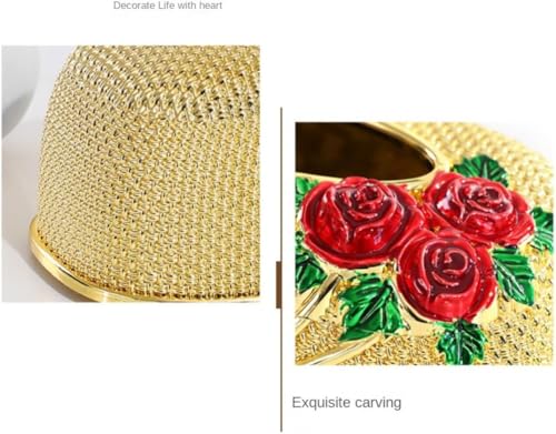 Image of Luxury Golden Tissue Box Cover with Red Rose Design Decorative Rhinestone Napkin Holder for Home Office Bathroom Car Elegant Gifting Idea for Weddings, Housewarmings (Gold)