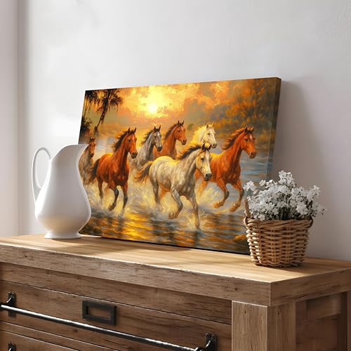Image of PAINTINGMANTRA Seven Running Horses Wall Art Vastu Feng Shui Multicolor | Canvas Painting Stretched on Wood | Suits For Vastu-Friendly Place, Living Room, Bedroom, Hallways (16x22 Inch)