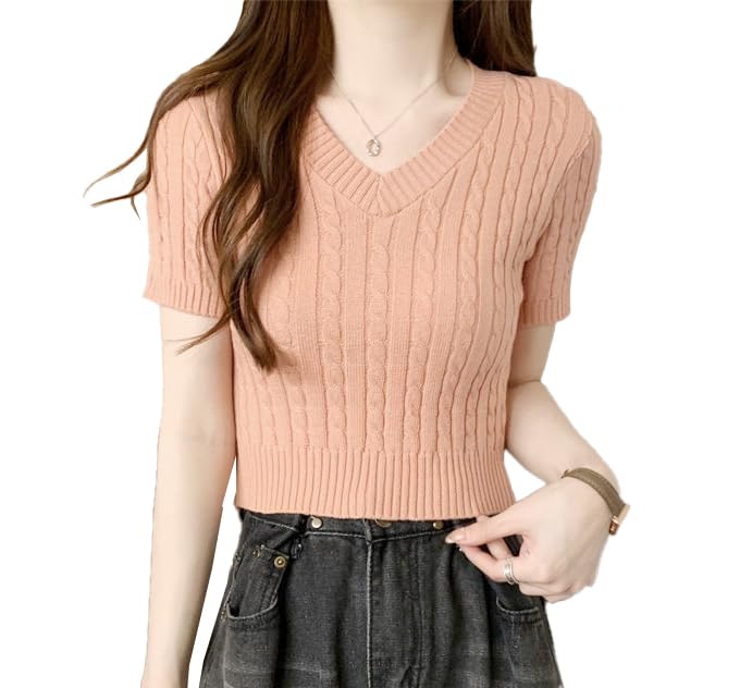 Image of ICW Women's Acrylic Knitted Ribbed Half Sleeve V-Neck Self Design Crop Top T-Shirt 128