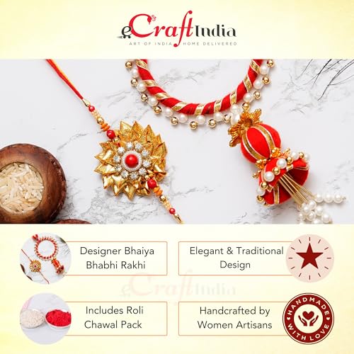 Image of eCraftIndia Red, Blue & Golden Designer Peacock Rakhi with Roli Chawal Pack - Rakhi for Brother