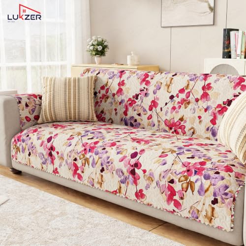 Image of Lukzer 3 Seater Sofa Cover Quilted Reversible WaveEdge Ultrasonic Cut Sofa Mat with Back and Hand Rest Covers - Royal Petals - Washable Sofa Protector for Modern Living Room 180 x 150 CM /SC-219-03WB