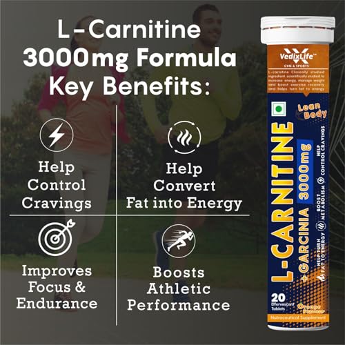 Image of L Carnitine 3000mg Effervescent Tablets | L Carnitine Supplement with Garcinia Cambogia | Fat Burner for Weight Loss, Energy & Lean Body | Orange Flavour, 20 Tabs (Pack of 3)