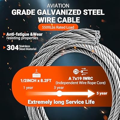 YATOINTO Single Leg Wire Rope Sling 2.5T/5500Lbs Rated Load 8.2 Feet Length 0.5 inch Dia Flemish Eye Loop to Heavy-Duty Thimble with Sliding Choker Heavy Duty Rigging Cable for Lifting and Towing Log