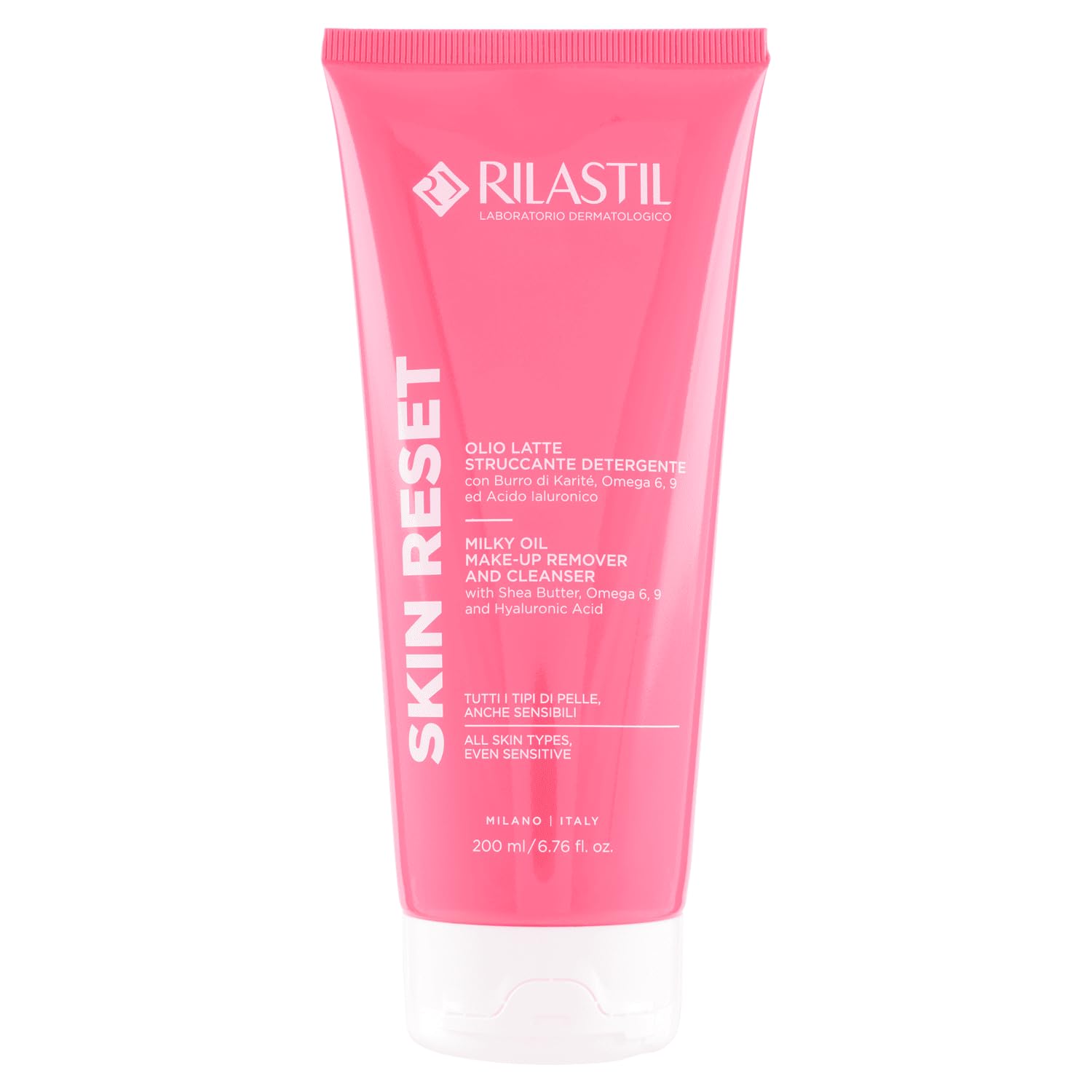 Rilastil Skin Reset Olio Latte Struccante Detergente, Nutriente, Emolliente e Lenitivo, con Burro di Karité, Omega 6-9 e Acido Ialuronico, 200 ml