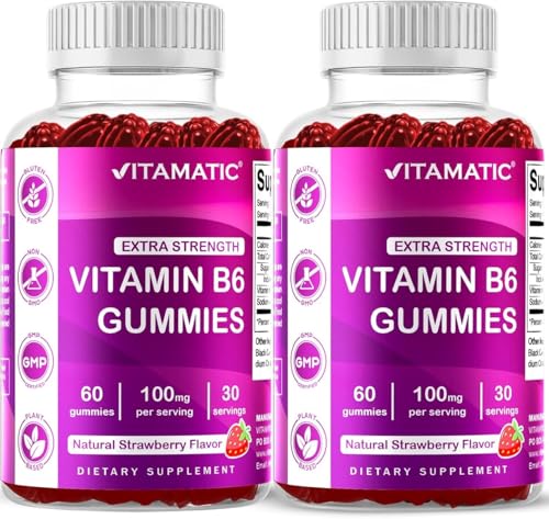 Vitamatic 2 Packs Vitamin B6 100mg Gummies Natural Strawberry Flavor 60 Pectin-Based Gummies per Bottle Nervous System & Energy Support