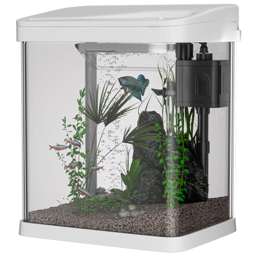 Fish Tank, 9L Small Glass Aquarium with Filter System, LED Lights, Water Pump, Fish Tank for Goldfish, Mini Fish, Shrimps, White