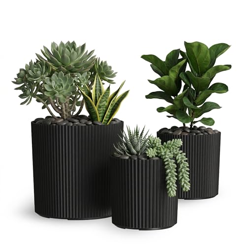 Mayne Haven Set of 3 (10in 12in and 14in) Fluted Planter Round Planters for Outdoor Plants Lightweight Concrete Look Plant Pots for Porch Patio Garden and Entryway Dcor Black