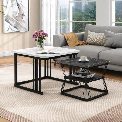 Image of Brown Art Shoppee Set of 2 Modern Coffee Tables with Marble Finish Top, Metal Frame, Nesting Center Table & End Table for Living Room Home Decor (Black & Black-White)