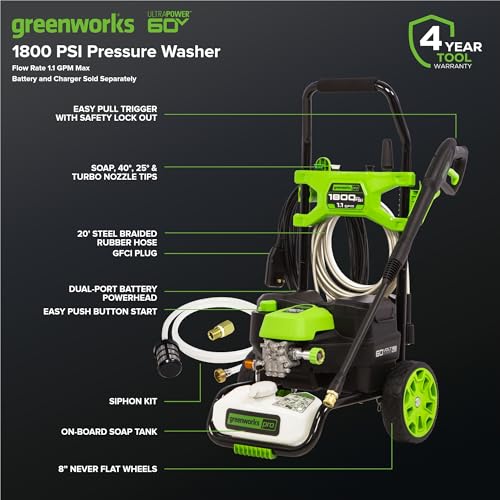 Image of Greenworks 60V 1800 PSI Max (1.1 GPM) Hybrid (120V / Cordless) Electric Pressure Washer, Battery Not Included