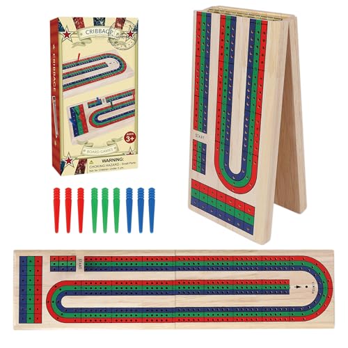 GOTHINK Folding Cribbage Board Game Set, Classic Wooden Cribbage Boards Game for Family Fun, 9 Multi-Colored Pegs, 3 Tracks, Red Green Blue Pegs for 2-3 Players