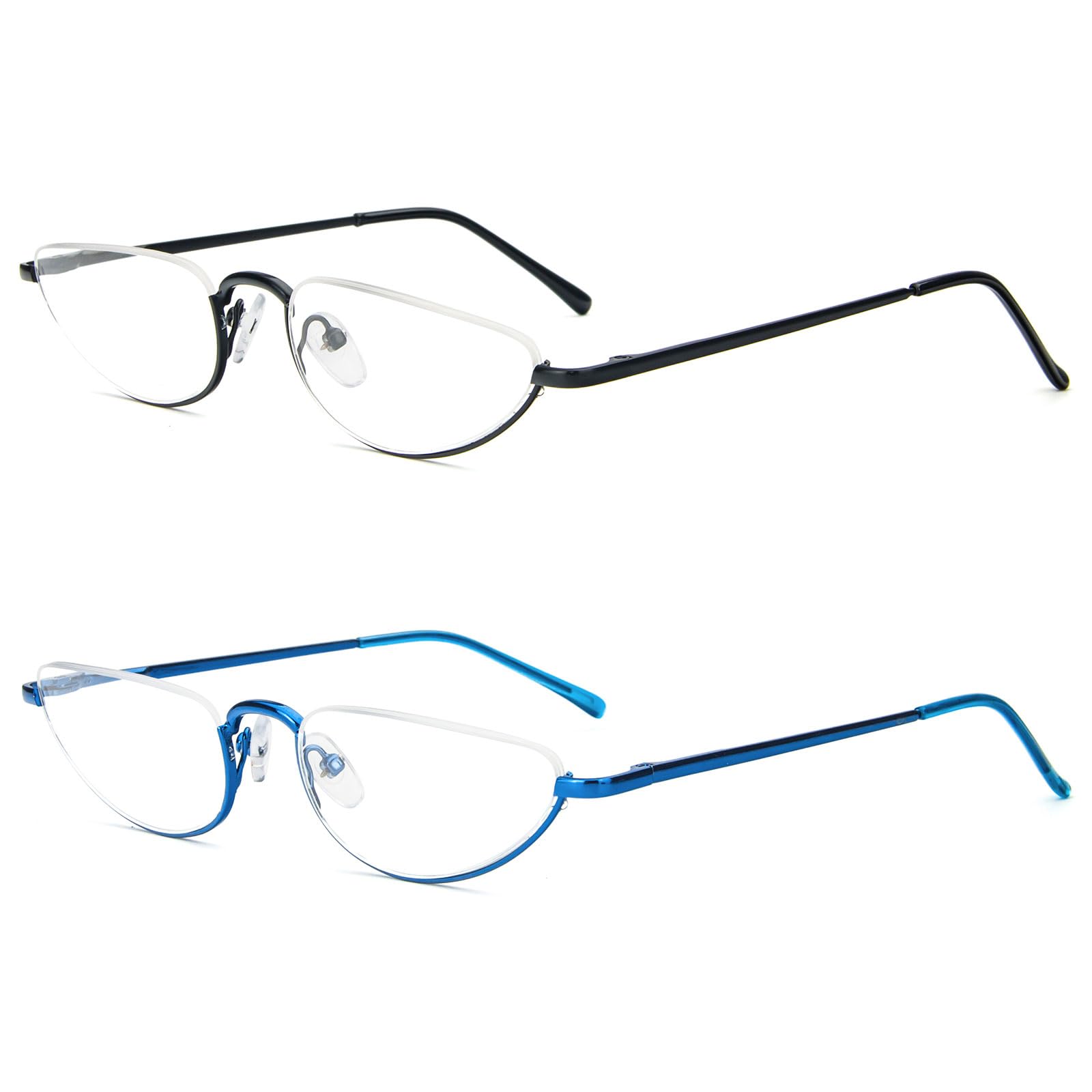 KoKoBin 2 Pack Reading Glasses Unisex Half Moon Half Frame Metal Spring Hinge Slim Reader (Black Blue, 1.5, Dioptres)
