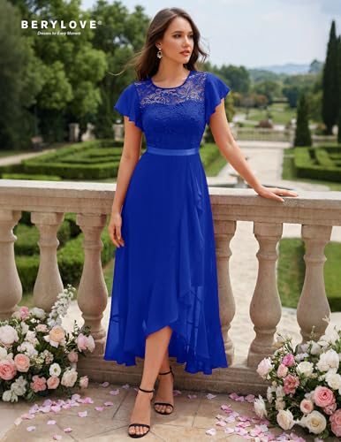 Image of BeryLove Formal Long Dresses for Women Wedding Guest Cocktail Bridesmaid | Airy Lace & Chiffon Evening Gown, Flutter Sleeve, Ideal for Mother of the Bride, Prom, Homecoming Party & Semi-Foraml Events