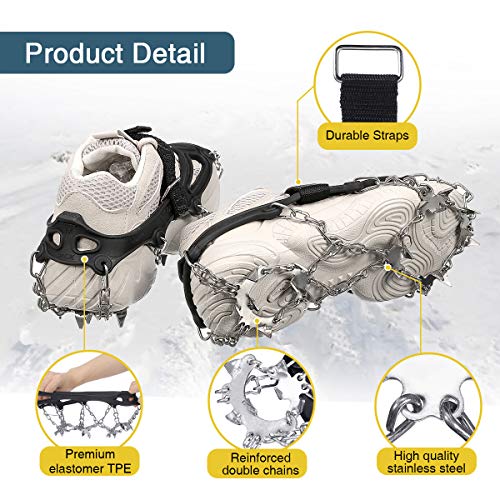 Audew Ice Cleats, Traction Cleats with Anti Slip 19 Stainless Steel Spikes, Winter Crampons Ice Snow Grips for Walking, Jogging, Climbing and Hiking on Snow & Ice (Fit M Size Shoes/Boots)