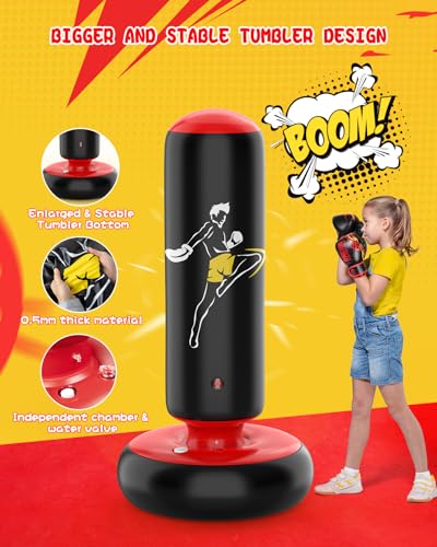 QPAU Larger Stable Punching Bag for Kids, Tall 66 Inch Inflatable Boxing Bag, Gifts for Boys & Girls Age 5-12 for Practicing Karate, Taekwondo, MMA and to Relieve Pent Up Energy in Kids and Adults
