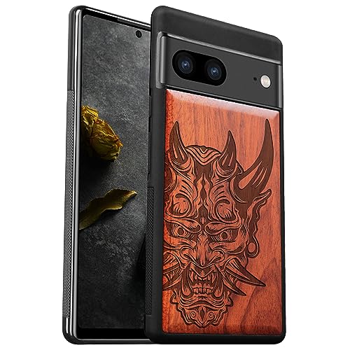 Étui Pixel 7 bois gravé masque japonais idée cadeau homme femme antichoc