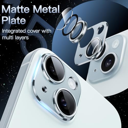 Image of JETech Camera Lens Protector for iPhone 15 6.1-Inch and iPhone 15 Plus 6.7-Inch, Full Coverage 9H Tempered Glass Ring Cover, Matte Metal Plate, Case Friendly, 1-Pack (Blue)