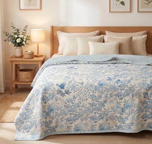 Image of VAS COLLECTIONS Cotton AC Blanket for Double Bed (220x230 cm) | Reversible Soft Lightweight All-Season Blanket | Skin-Friendly & Breathable Comforter (Azure Meadow)