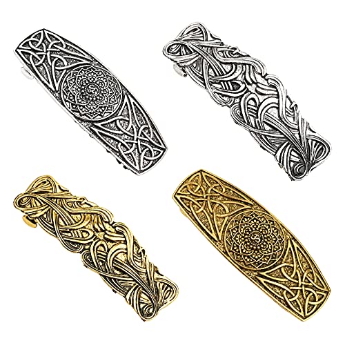 4 PCS Large Celtic Hair Clips Rectangle Barrettes, Hand Crafted Geometric Lines Metal Barrettes, Vintage Spring Hair Barrettes, French Exquisite Hair Clips for Ladies Women(Gold and Silver)