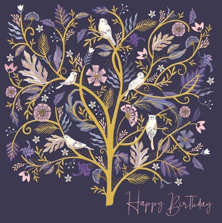 Woodmansterne Artistic Open Birthday Greeting Card - 'Song Tree' - Pretty Bird and Flower Illustration - from The National Trust Harmony Range