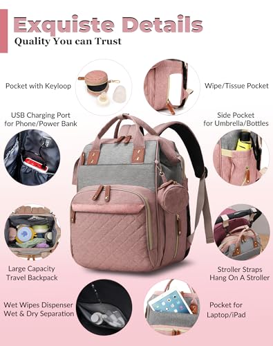 Diaper Bag with Changing Station, Waterproof 3 in 1 Baby Diaper Backpack with Foldable Changing Pad, Pink-Grey3