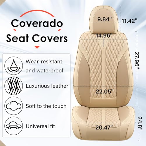 Image of Coverado Seat Covers Front Seats, Waterproof Car Seat Covers, Luxury Leather Seat Covers for Cars, Automotive Seat Covers Leather Seat Cushion Protector Universal Fit Most Cars SUVs Trucks, Beige