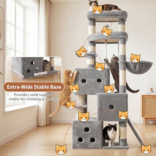 Image of Heybly Cat Tree, 74-Inch Streamlined Cat Tower for Large Cats HCT061W | Cat Furniture with 3-Tier Stacked Condos, Large Perch, Sturdy Base, Full Sisal Scratching Posts & Ramp, Light Gray