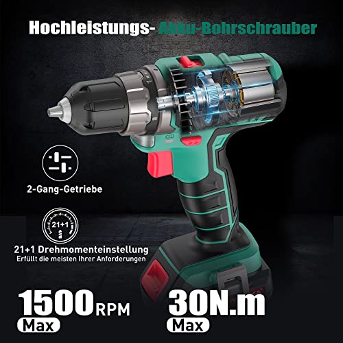 HYCHIKA DIY Werkzeugkoffer Gefüllt Profi, mit Akku Bohrschrauber 30Nm + 104-tlg Haushalts-Universal Werkzeug Set + Praktische Werkzeugkastenverpackung. Für Reparaturen und Wartungen – Bild 3
