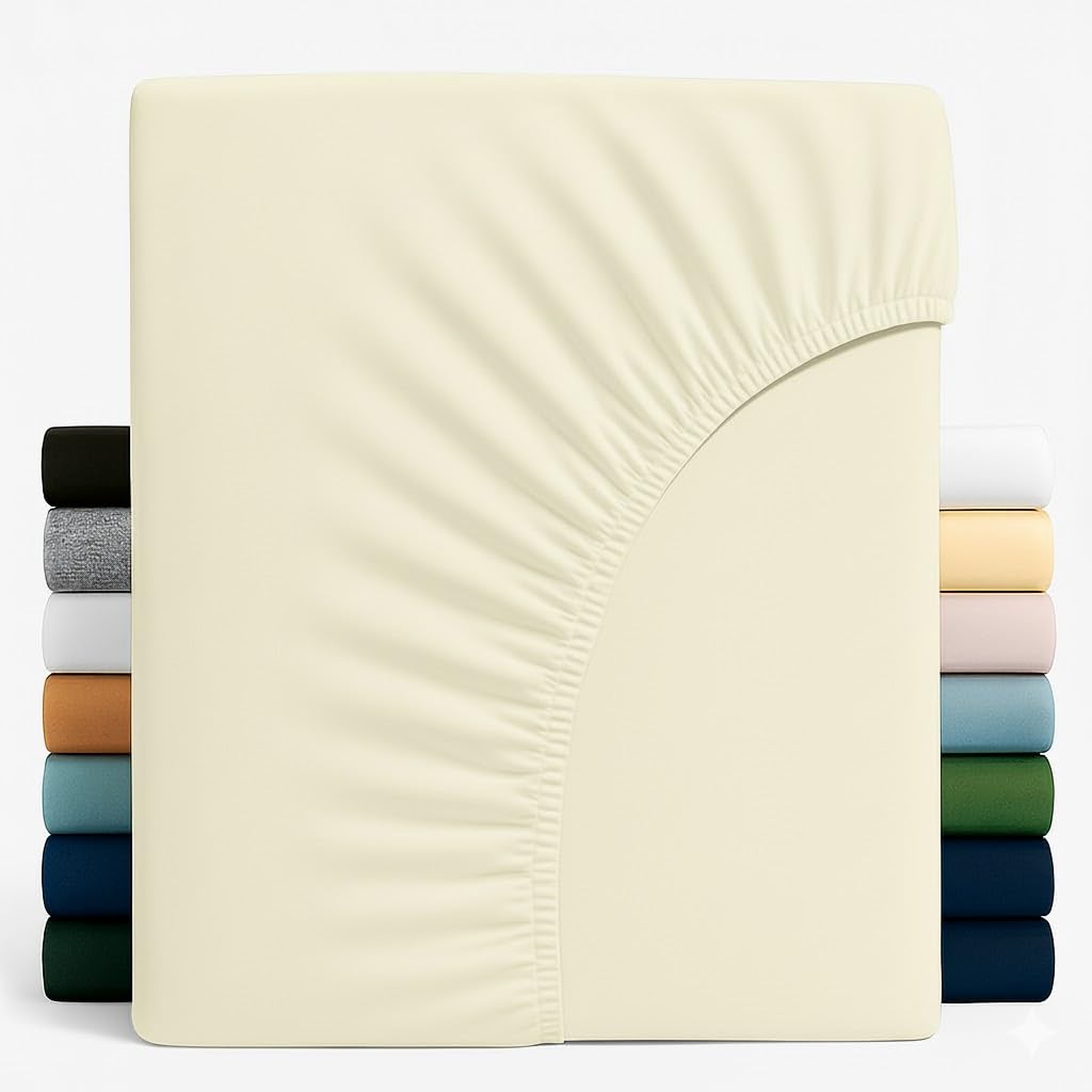 Z&A Bedding Double Fitted Sheet Cream - 30CM Extra Deep Elastic Corners Bedsheet - Super Soft Brushed Microfibre Bottom Sheet - Washable, Shrinkage & Fade Resistant