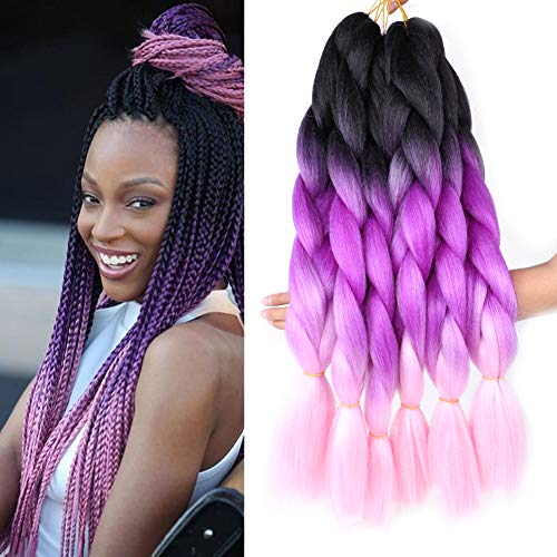 BELLQUEEN 6Packs Ombre Braiding Hair Purple Pink Braiding Hair 24 inches Jumbo Braiding Hair Kanekalon Braiding Hair Extensions For Jumbo Braids (Black Purple Pink 6Packs)
