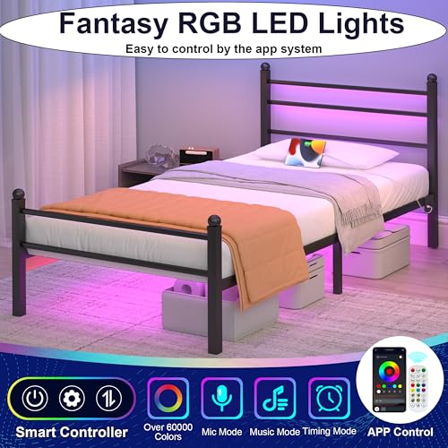 Image of J.Fkne Twin Bed Frame with LED Lights & Charging Station, Metal Platform Bed with Headboard, Heavy Duty Metal Slats, No Box Spring Needed, Noise Free, Easy Assembly, Black