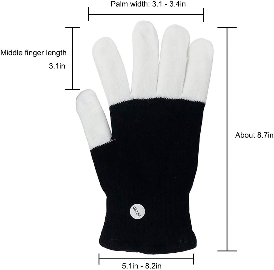Diagram showing the dimensions of the Luwint LED glove, including palm width and middle finger length.