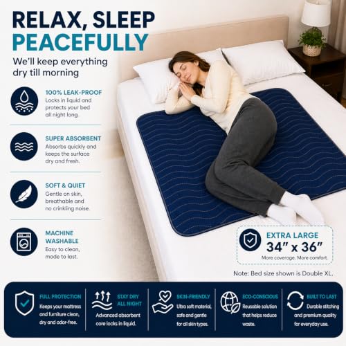 Image of DURAMEG Reusable Underpads 34x36 (4 Pack) Washable Bed Pads for Incontinence Adults, Waterproof Mattress Protector, Puppy Pads Washable, Heavy Absorbent, Leakproof, Non Slip Backing
